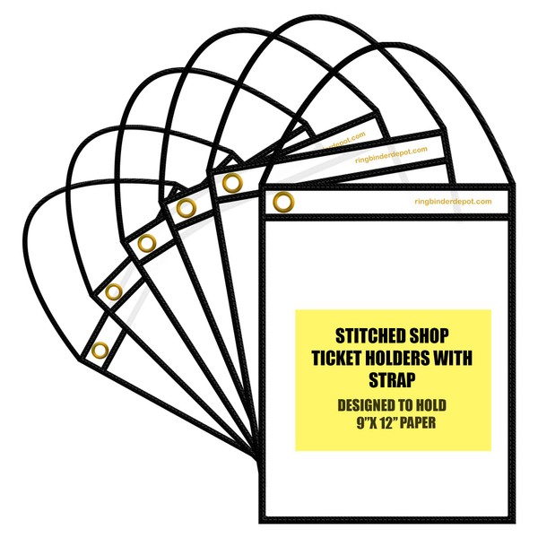 Stitched Shop Ticket Holders with Strap, Heavy Duty 9" X 12" Sleeves, Clear Both Sides Plastic Sleeves with 1 Hole for Attaching to Machinery, File Cabinets, Racking, Hanging, and More (Pack of 15)