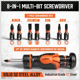 Multi 8-in-1 Magnetic Adjustable Ratchet Screwdriver Set: Mini Short Screwdrivers Set with 7 S2 Steel Bits, All-in-One Design with 6 Bits Housed in Handle