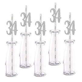 Silver Happy 34th Birthday Straw Decor, Silver Glitter 24pcs Cut-Out Number 34 Party Drinking Decorative Straws, Supplies