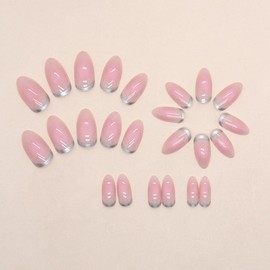 Nude Press on Nails Almond Shaped Fake Nails Medium Glossy Stick on Nails French Tip Full Cover False Nails Acrylic Glue on Nails for Women