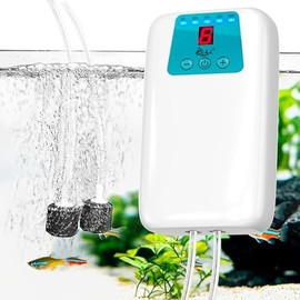 AQQA 4W 150GPH Battery Powered Aquarium Air Pump, USB Rechargeable Quiet Dual Outlet Aerator with 6-Level LED Display & 2 Modes (Continuous/Intermittent), for Fish Tank Oxygenation, Outdoor Fishing