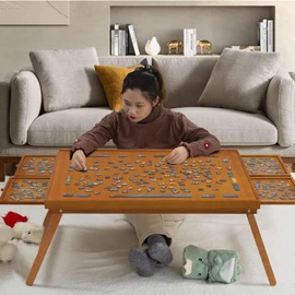 TEAKMAMA 1500 Piece Wooden Jigsaw Puzzle Board with 4 Drawers, Folding Puzzle Table with Protective Cover, Jigsaw Board with Legs, Multifunctional Game Table for Adults, 34W x 26.3D, Brown