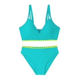 Girls Swimsuits V-Neck Double Strap Design Cute Girls Bikini Swim Two Piece Sets with Chest Pad, Green, 11-12 Years
