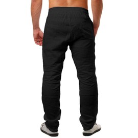Men's Linen Pants Summer Yoga Beach Baggy Trousers Loose Fit Straight-Legs Elastic Drawstring Waist Casual Pants Black