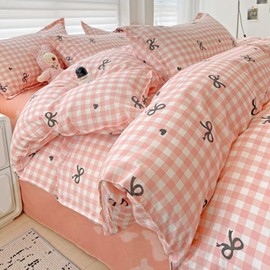 AShanlan Bed Linen 135 x 200 cm Girls Pink Checked Black Hearts Bows Duvet Cover Set 2-Piece Kawaii Style Aesthetic Renforce Microfibre Reversible Bedding Sets and Pillowcase 80 x 80 cm Zip