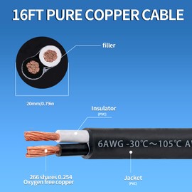 6 AWG 2 Conductor Wire 6/2 Extension Cord 16FT 600V 6 Gauge 2 Conductor Wire for Motor Leads, Portable Lights, Battery Chargers, Stage Lights and Machinery (6AWG-2C, 16FT)
