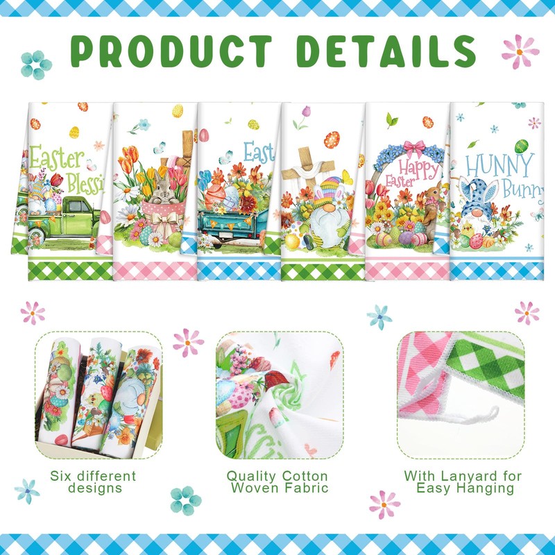 Patelai 6 Pack Easter Kitchen Towels Bunny Rabbit Dish Seasonal