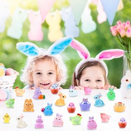 DULEFUN 50pcs Easter Luminous Mini Resin Figures, Little Small Easter Glow in The Dark Bunny Miniature Rabbit Chick Figurines for Dollhouse Micro Garden Landscape Decoration Egg Fillers Party Favors