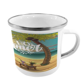 Ambesonne Hello Metal Camping Cup, Seashore with Palm Tree and Chair Illustration with Hello Summer Calligraphy Print, Stainless Steel Mug for Indoor and Outdoor Activities, Multicolor