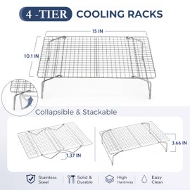 E-far Cooling Rack for Cooking and Baking-4-Tier, 15”x10” Collapsible & Stackable Tight-Wire Stainless Steel Cookie Rack for Baking Sheet, Oven, Roasting, Dishwasher Safe & Space Saving