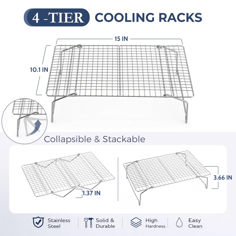 E-far Cooling Rack for Cooking and Baking-4-Tier, 15”x10” Collapsible &