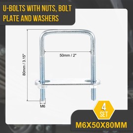 DTGN M6x50x80mm U Bolts Square Kit - 4Set - Carbon Steel U-Bolt Kit with Nuts, Washers, Frame Plate - Good for DN50 Pipe, Trailer, Automotive, Leaf Spring Fastener
