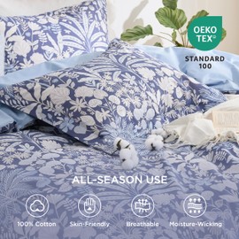 Bedsure Duvet Cover Queen Size - 100% Cotton Reversible Floral Queen Duvet Cover Set with Zipper Closure, 3 Pieces Soft & Breathable Vintage Indigo Blue Bedding Set with 2 Pillow Shams 20"x26"