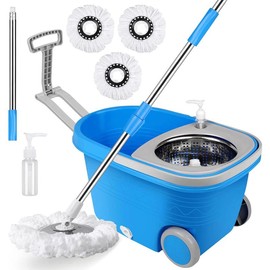 Spin Mop and Bucket with Wringer Set, 360° Mop Bucket System with 3 Microfiber Mop Replacement Heads and 61" Stainless Steel for Floor Cleaning:_BLUE+WHEELS
