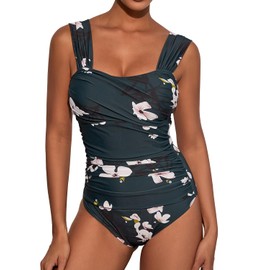 VECENEY One Piece Bathing Suit for Women Tummy Control Swimsuits Square Neck Ruched Modest Swimwear Floral Green XXL