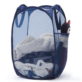 TECHMILLY Upgraded 105L Collapsible Mesh Pop Up Laundry Hamper with Sturdy Handles and Side Pocket - Portable Foldable Clothes Baskets for Dorm, Bathroom & Travel Storage (Blue Plus)