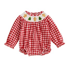 Ysfanwuxi Baby Girl Smocked Christmas Outfit Santa Claus Smocked Bubble Romper Plaid Bodysuit Xmas Clothes (Red, 2-3T)