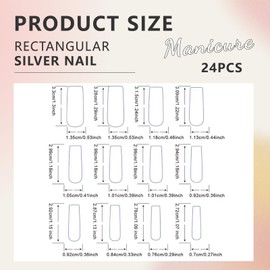 Cosmeria Glue-On Artificial Nails, 24 pcs Long Square Nails, Silver, With Nail File And Glue, Reusable And Ideal For Any Occasion