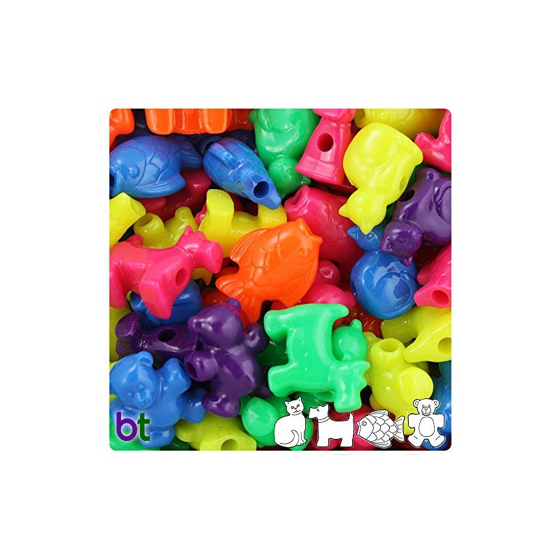 BeadTin Neon Bright Mix Pet Parade Shaped Plastic Pony Beads