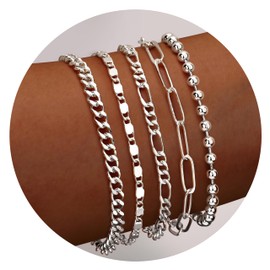 KRFY Bracelet Set for Women 14 K Gold Plated Bracelet Set Silver Figaro Cuban Tennis Chain Bracelet Twist Herringbone Bracelet Stackable Silver Gold Bracelets Set for Women's Jewelry