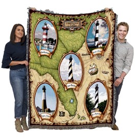 Lighthouses of The Southeast - Harbortown, Bodie Island, Cape Hatteras, Tybee Island, St Augustine - Blanket Throw Woven from Cotton - Made in The USA (72x54)