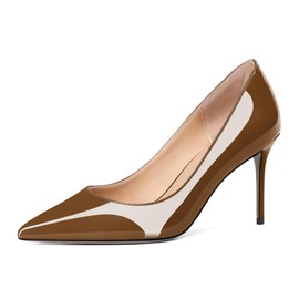 Eldof Women's High Heel Pumps Classic 3.2in Patent Pointed Toe Stilettos 8cm Wedding Party Dress Pumps Brown US9.5