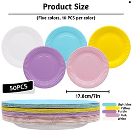 50 Pcs Colorful Paper Plates, 7 Inch Round Party Tableware Disposable Paper Dinner Plates Picnic Plates Party Supplies Pack for Wedding Birthday Party, DIY Painting (5 Colors)
