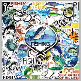 50pcs Fishing Stickers Pack Go Fishing Stickers Outdoor Adventure Waterproof Vinyl Bumper Decals Perfect for Laptop Car Skateboard Water Bottle Hard hat Scrapbook Travel Case Guitar Luggage Motorbikes