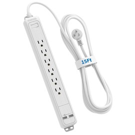 NTONPOWER Long Surge Protector Power Strip, Heavy Duty Extension Cord 15 FT, Flat Plug Power Strip with USB Ports, Wall Mountable, 15A Circuit Breaker for Office Home Theater, 1080 Joules, White