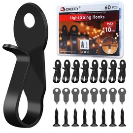 60 Pack Hooks for Outdoor String Lights Clips, Metal Heavy Duty String Light Hook with Screw & Adhesive Strips, Christmas Light Clips for Outside or Indoor Holiday Decor, Fairy Led Lights, Etc. Black