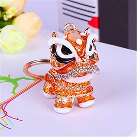 Axmerdal Animal Keychain Cute Chinese Traditional Dance Lion Car HandBag Pendant Key Chain for Women and Men Keyring Gift (gold, head to right)