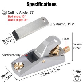 TOOLCOOL Low Angle Block Plane Wood Plane Mini Hand plane For Woodworking Aluminum Alloy Body Adjustable Blade Depth (Silver)