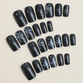 Christmas Black Press on Nails Short Square Fake Nails with White Snowflake Design Dark Black Glitter Glue on Nails Press ons Xmas Simple False Nails for Women 24 Pcs