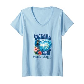 Womens In Oceans Deep Christian Faith Isaiah 42:3 Bible Beach Wave V-Neck T-Shirt
