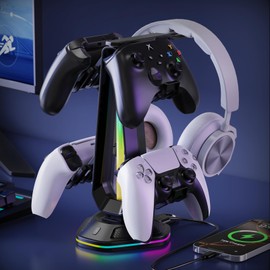 Luckit Gaming Headphones Stand, RGB Headset Stand with 12 Light Modes, Controller Holder with 2 USB Charging Ports - Supports Data Transfer, Earphone Hanger Accessories for Desktop Gamer
