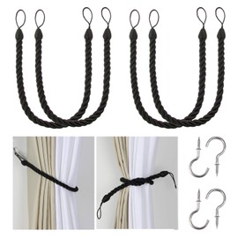 BEL AVENIR Curtain Tiebacks Ropes Tie-Backs, Handmade Curtain Holdbacks (Black, 4pack)