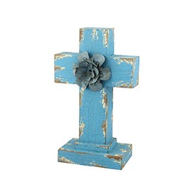 Stonebriar Faith 11" Weathered Wood Cross Pedestal Flower Accent, Blue