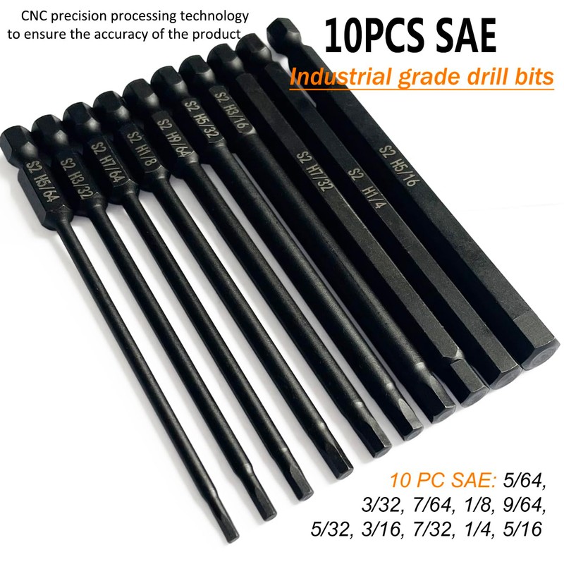 PTSLKHN Hex Shank Drill Bit Set, 10 Piece SAE Allen
