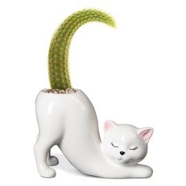 Tkerolk Cat Planter, Funny Ceramics Cat Vase, Unique Cat Planters for Indoor Plants, Animal Planters for Outdoor Plants, Cute Cat Flower Pot Office Desk Room Home Decor, White