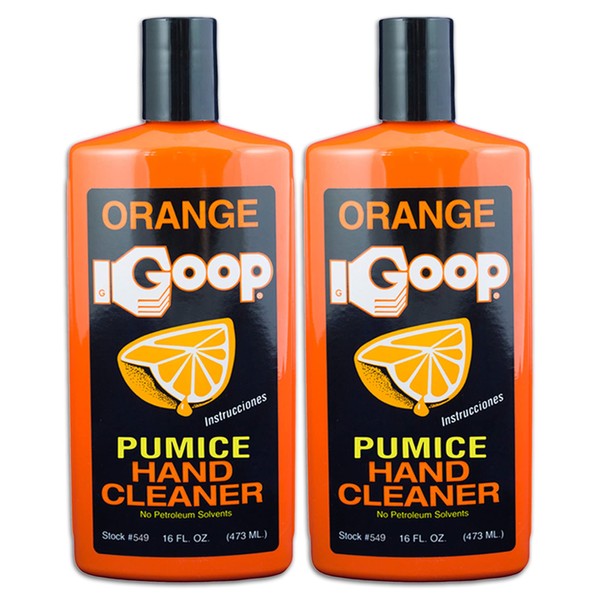 GOOP Multi-Purpose Hand Cleaner Orange Citrus Scent and Pumice - Waterless Hand Degreaser and Laundry Stain Remover - Cleaner to Remove Dirt, Oil, Paint, Ink, and Clothes Stains - 16oz (Pack of 2)
