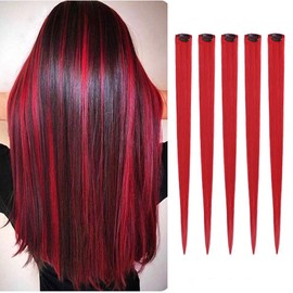 Straight Red Clip in Human Hair Extension Remy Human Hair Red Clip on Highlights 5 Pieces/set 18 Inch Color Red
