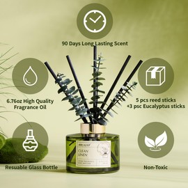 Airkeep Reed Diffuser Set Clean Linen Scent for Bathroom Accessories Shelf Decor & Air Fresheners, Sticks Defusers with 6.76 fl oz Essential Oils & Leaves, House Bedroom Office Decor & Gifts