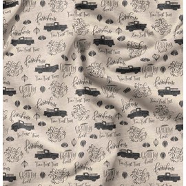Soimoi White Cotton Voile Fabric Cartruck & Farmhouse Text Printed Fabric 1 metre 56 Inch Wide