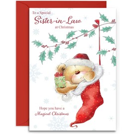 Sister in Law Christmas Card – Teddy Stocking - Medium Sized Card (A5 Size -148mm x 210mm) with Envelope