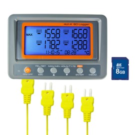 Gain Express 4 Channels K Type Thermocouple Temperature Data Logger Recorder with SD Card, High Accuracy, Large LCD Display, High/Low Alarm