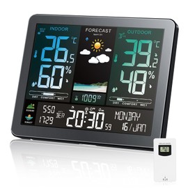 Weather Station Wireless Indoor Outdoor，Home Weather Station，large color screen with digital weather forecast,Thermometer Wireless with Remote Sensor， Forecast Station with Adjustable Backlight, Black