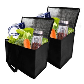 Pack of 2 Foldable Cool Bags, 30 L, Foldable Shopping Bag with Handle, Carry Bag, Foldable Cool Bags, Insulated Bag, Temperature Keeping, Cool Bag, Shopping Bags for Picnic, Travel, Shopping, Black