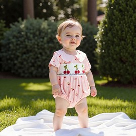TINXIEA Newborn Baby Girl Summer Clothes Cherry Peter Pan Collar Short Sleeve Smocked Romper Bodysuit One Piece Outfits (Pink, 12-18 Months)