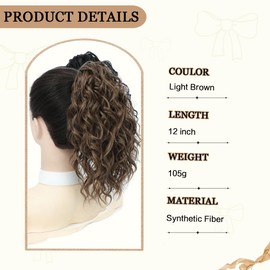 VEGALILY 12 inch Ponytail Extension Light Brown Hair Extensions Clip in Drawstring Ponytail Short Curly Claw Clip Ponytail Hair Extensions Synthetic Hair Pieces for Women for Daily Use