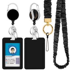 Stretchy Scrunchie Lanyards for ID Badges, Heavy Duty Retractable Badge Reel Keychain with Id Badge Holder for Cruise Ships Key Cards Nurse Officer Teacher Security Staff (Black)